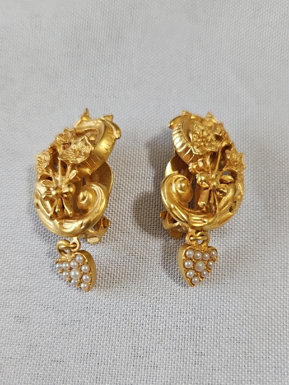 Kirks Folly Gold Floral Clip-On Earrings with Pearl Heart Drops